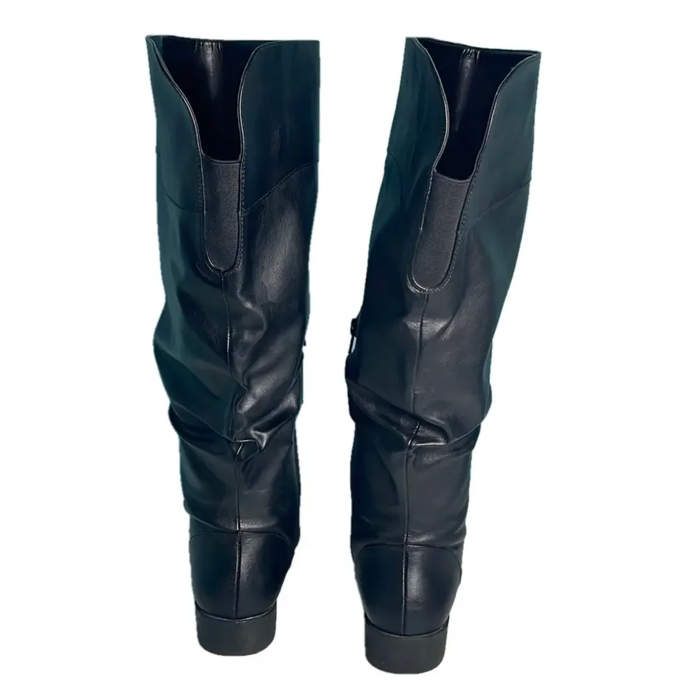American Eagle Black Knee-High Riding Boots 8W Wide Zip Tall Low Heel Like New